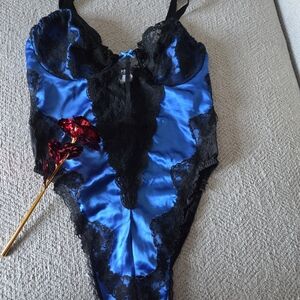 Vintage Colesce Collection Blue Satin & Black Lace Teddy L | 90s Lingerie